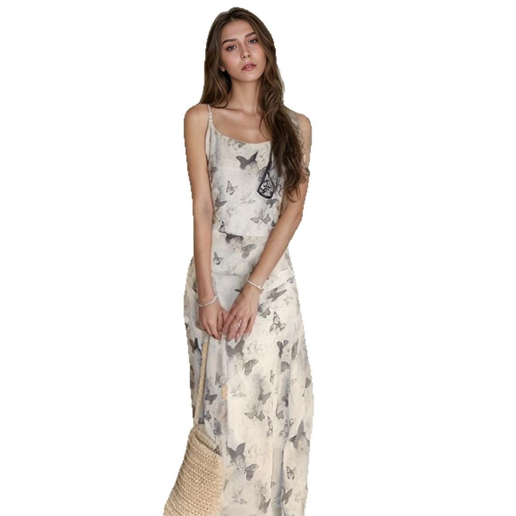 Women's Summer Tea Break Cool Ink Style Butterfly Print Halter Dress