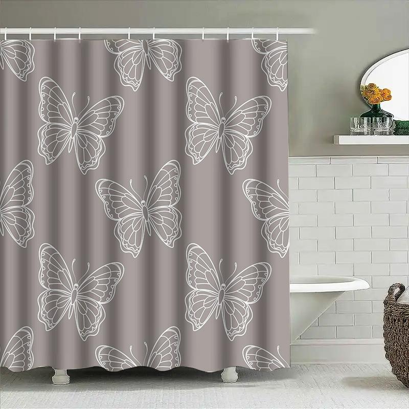Butterfly Printed Shower Curtain Bathroom Decor Waterproof Fabric Home Decoration White 173X240Cm (Black Frame)