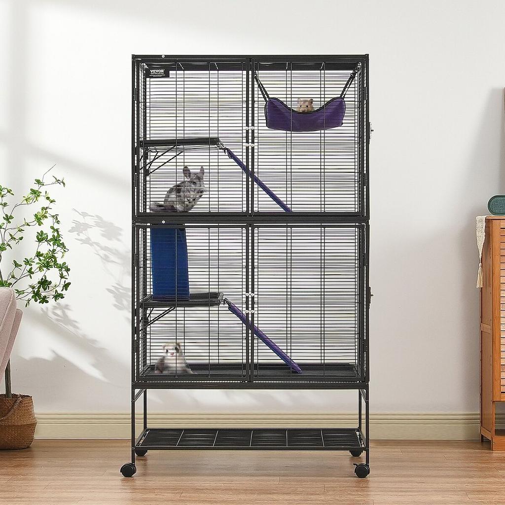64.6" Metal Small Animal Cage 4-Tier Rolling Ferret Cage with Tray 3 Ramps