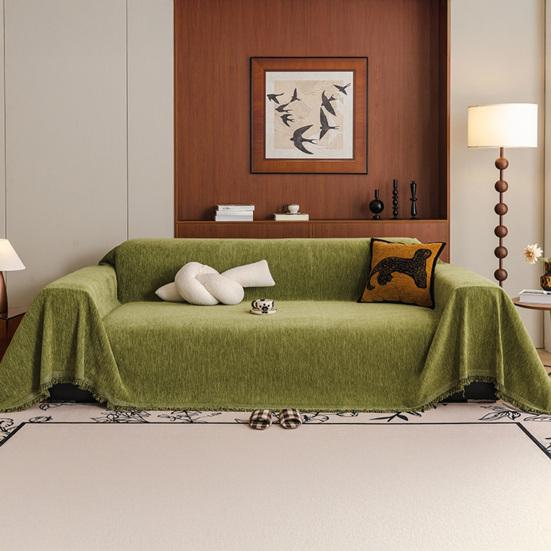 Chenille Sofabezug Einteiliges Design Weiche Haptik Stoff Möbel Schutzbezug Quastenborte Uni