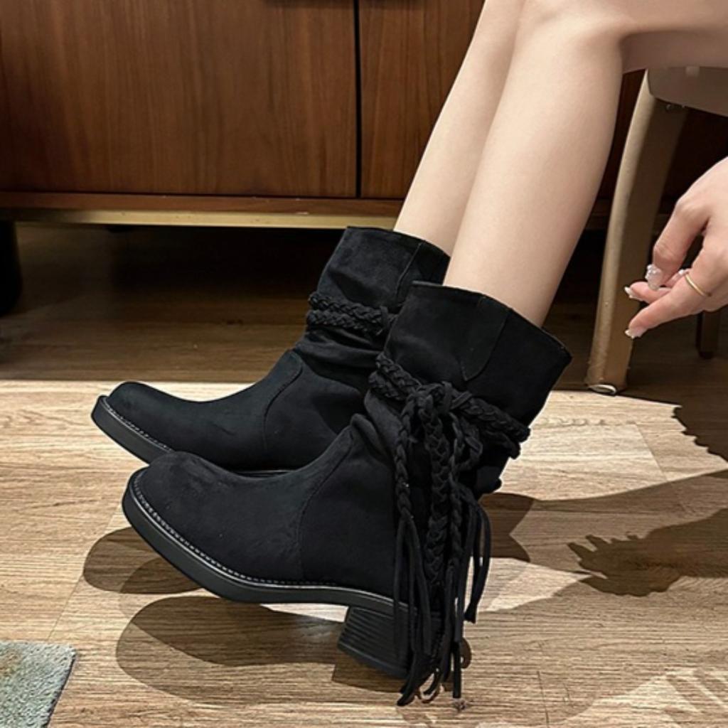 Fashion Women Boots Trend Retro Thick Heel  Western Female Shoes Botas De Mujer Long Tube Slim Look Stacked Middle Tube Boots Size 35-43