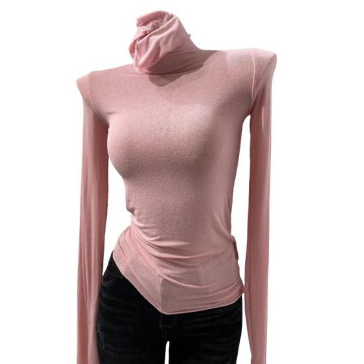 High Collar Long Sleeve Slim Base Shirt Women Solid Color Elastic Tops for Autumn Winter