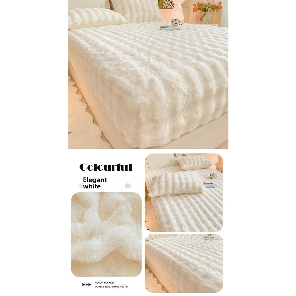 Solid Color Rabbit Like Plush Bed Sheet, 30cm Deep Pocket Design,Fully Wrapped Anti Slip Mattress Protective Cover,Thick and Warm In Autumn and Winter