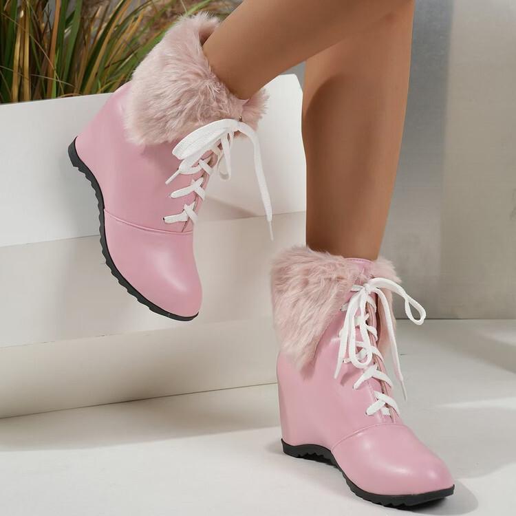 Women's Thermal Boots Inner Heightening Lace-up Plush-lined Short Boots Sweet Pink Winter Low-heeled Fur Shoes