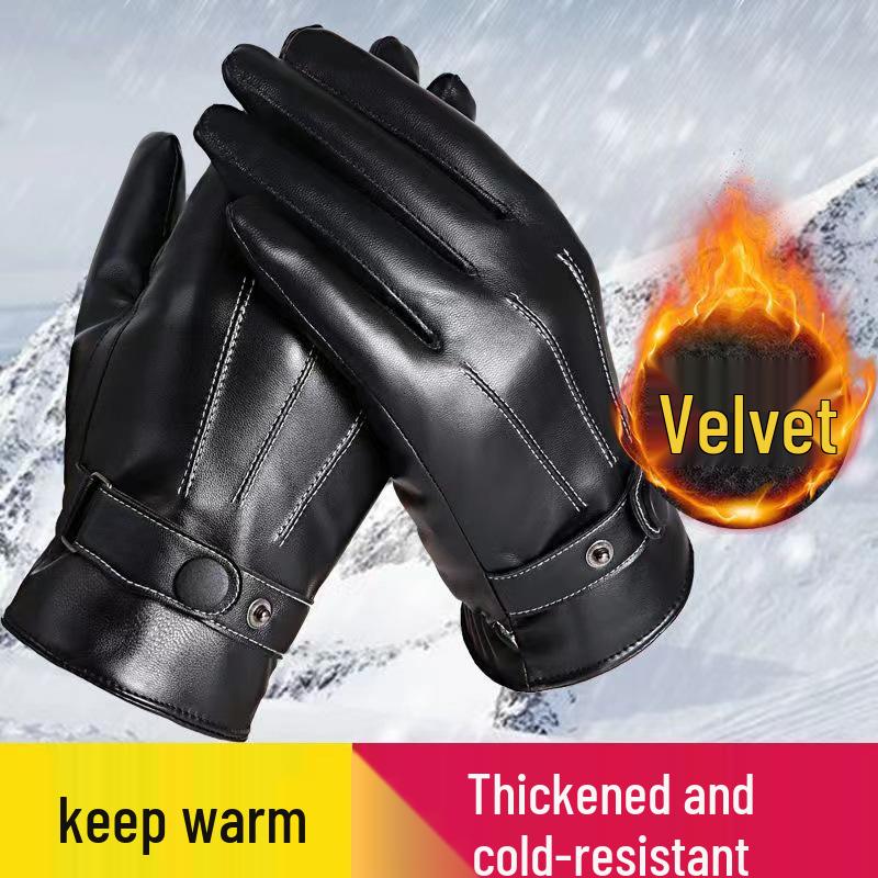 Men's Winter Leather Gloves: Windproof, Waterproof, Fleece-Lined, Touchscreen-Compatible Cycling & Motorcycle Gloves.