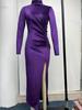 2023 European & American Style High Neck Velvet Long Dress with Slim Fit, Ruched Detailing & Slit - Autumn/Winter Women’s Fashion