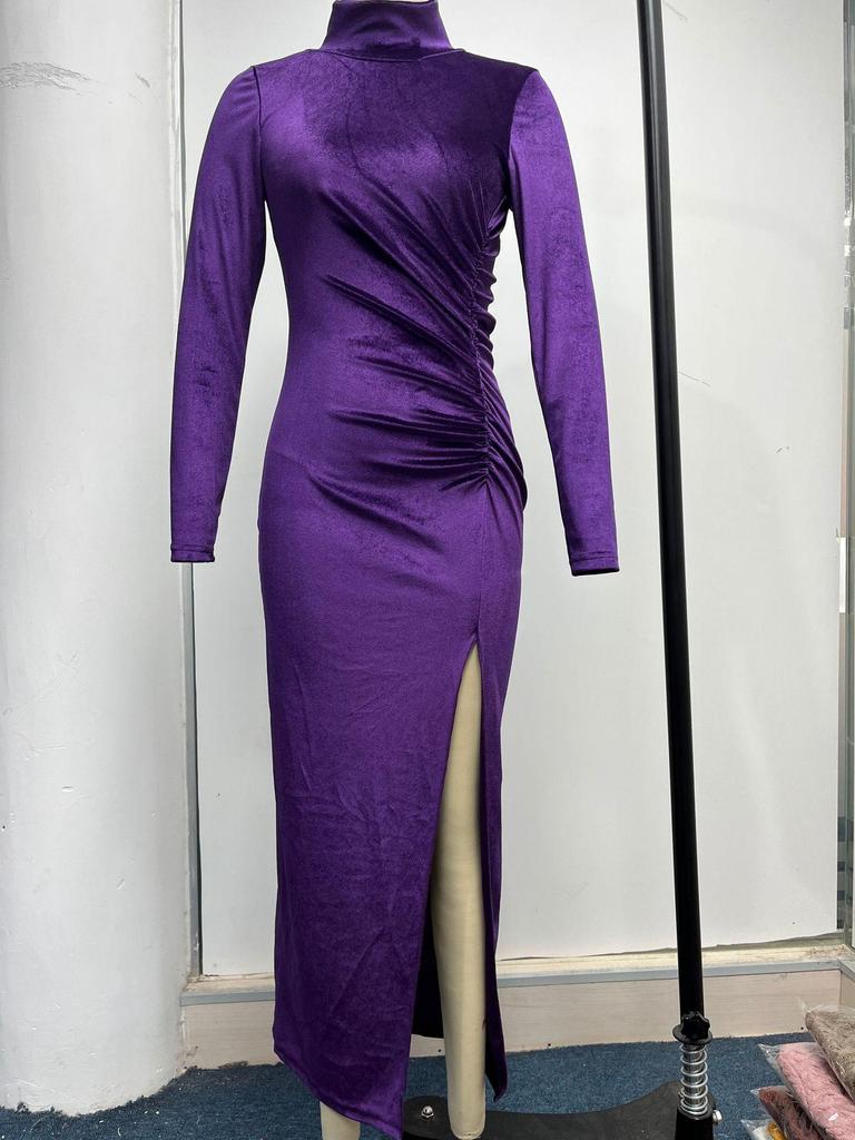 2023 European & American Style High Neck Velvet Long Dress with Slim Fit, Ruched Detailing & Slit - Autumn/Winter Women’s Fashion