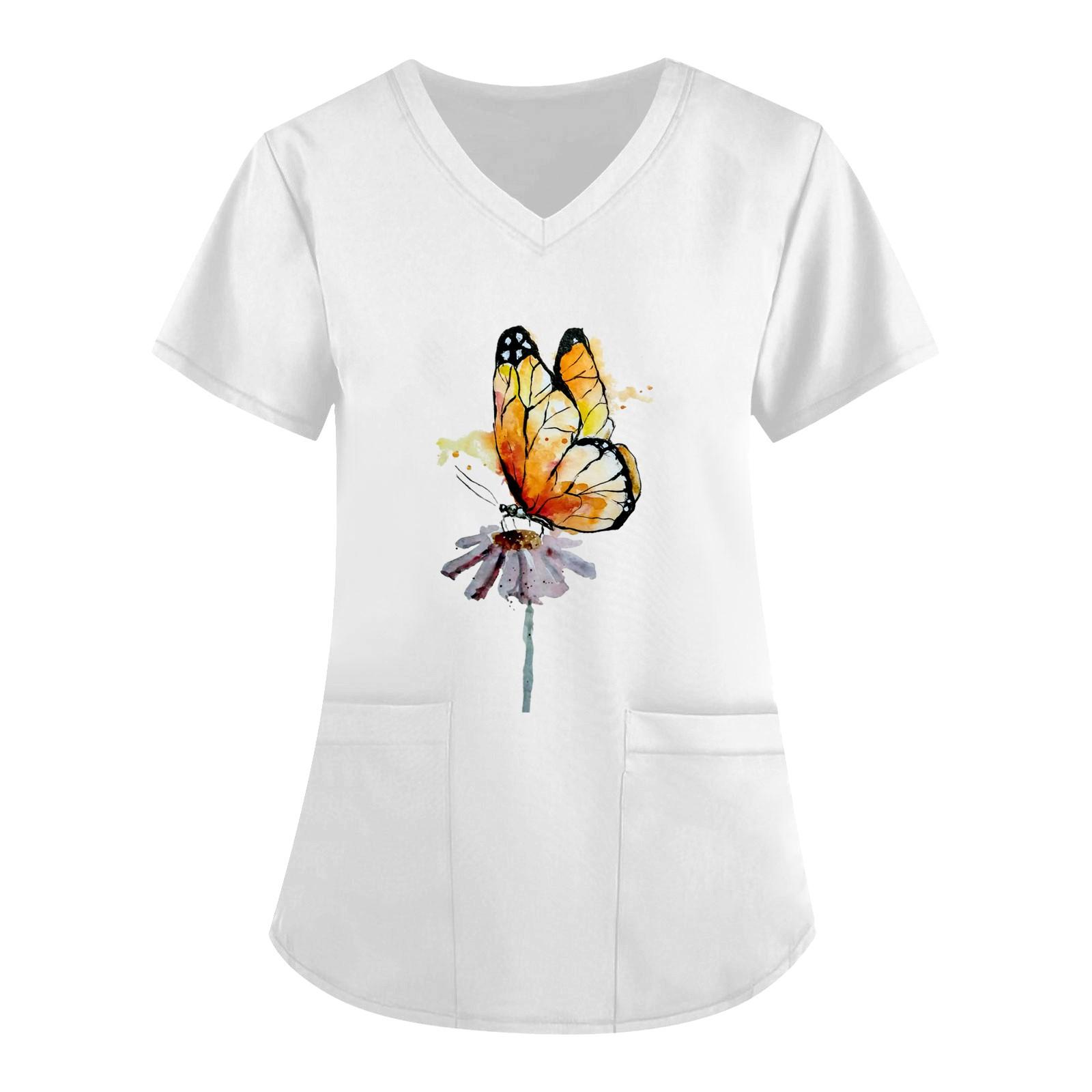 

Женская мода с v-образным вырезом, короткими рукавами и карманами, топы с принтом XXL белый