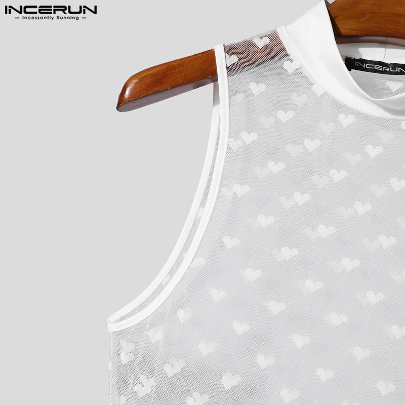 INCERUN Men's Stitching Color Sleeveless Dots Mesh Sheer Underwear Jumpsuits