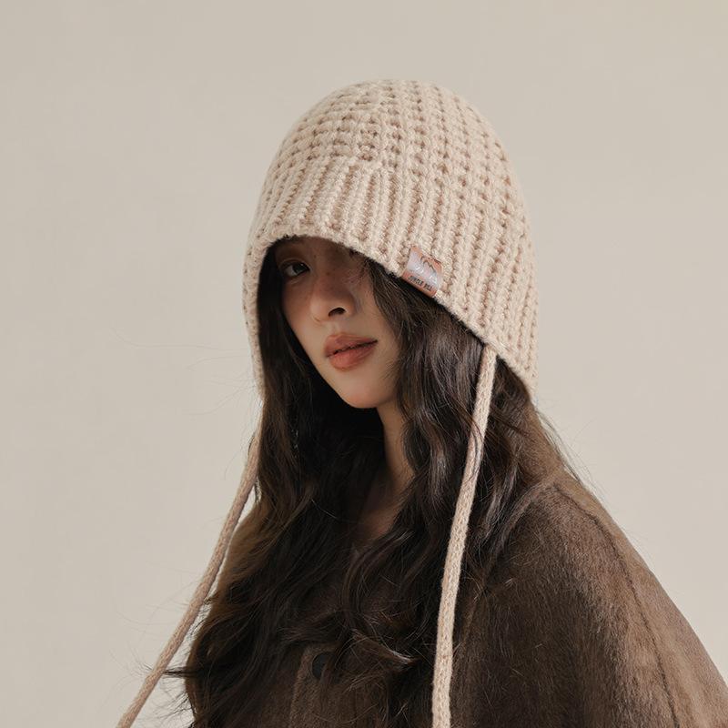 

1 шт. Зимняя женская шерстяная шапка, вязаная шапка с завязками, теплая защита ушей, шапка для укладки бежевый