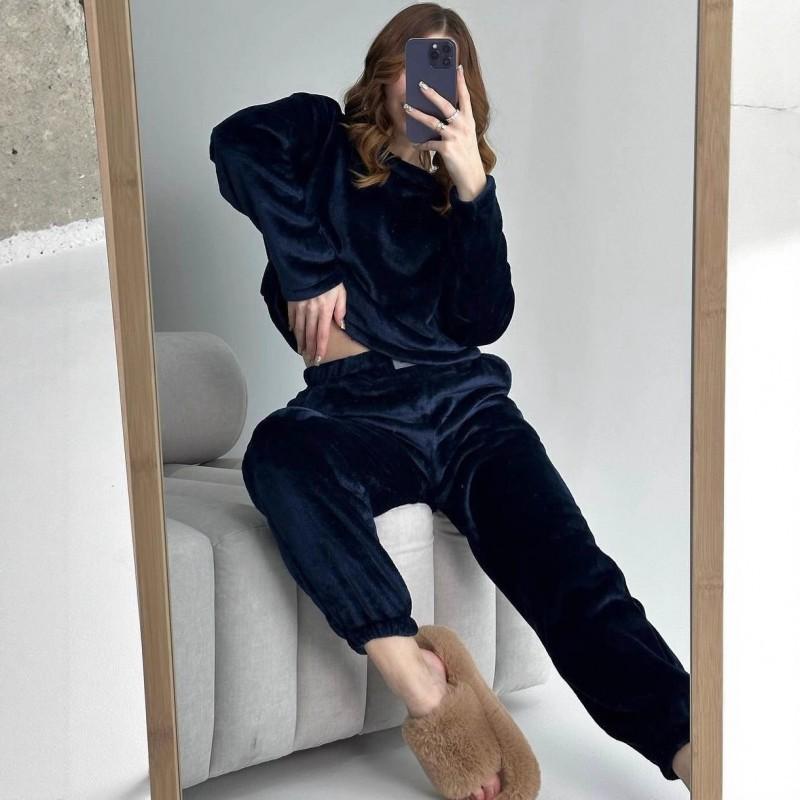 Ins Style Women's Clothing Hit Pure Color Thick Velvet Warm Long-sleeved Top Trouser Set