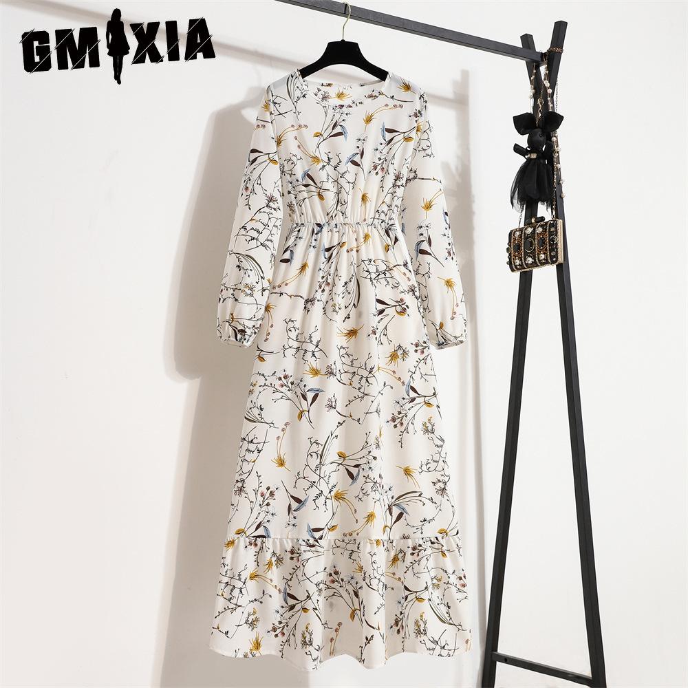 GMXIA 25 Colors Spring Women Maxi Dresses Casual Long Sleeve Floral Print O-Neck Ladies Long Dress Bohe Beach Party Mujer Vestidos Muslim Dress