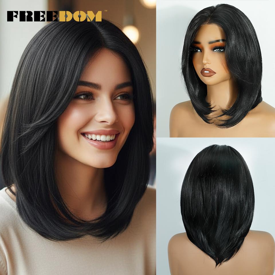 FREEDOM 13x4 Synthetic Lace Front Wigs For Women Short Bob Wig With Bangs Pre Plucked Wear And Go Pre-cut Ombre Blonde Lace Wigs