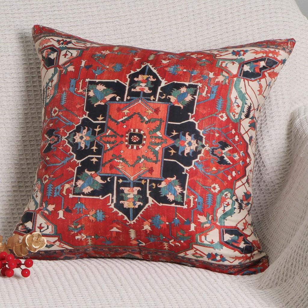 4 Pcs Double Sided Red Persian Kilim Cushion Covers, Bohemian Tribal Vintage Rug Print Throw Pillow Cases (No Inserts)