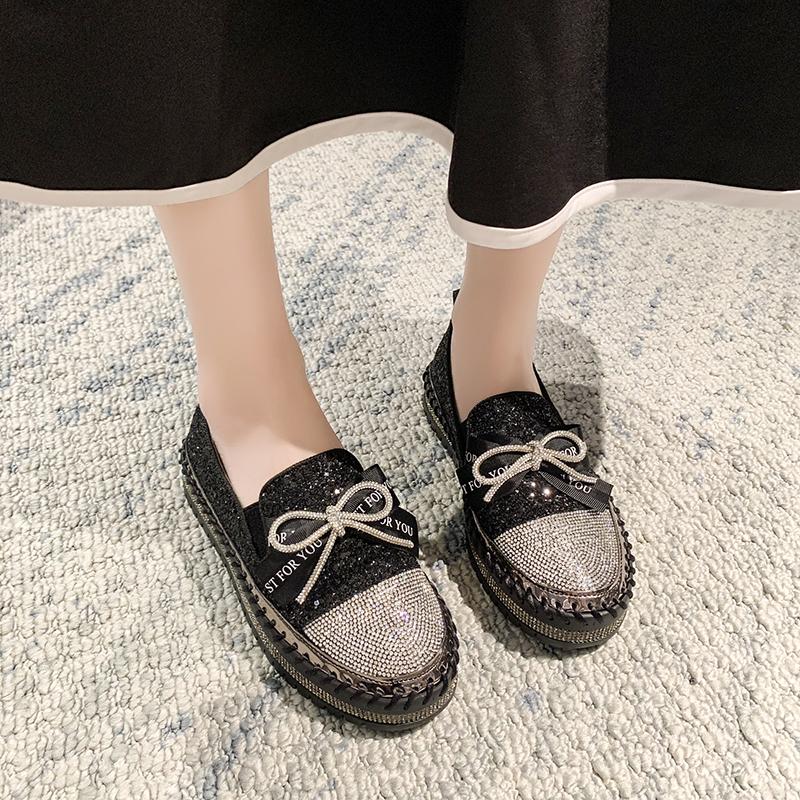 New Shining Water Diamond Le Fu Shoes Women's Thick soled Sports Shoes Casual Single Shoes Fashion Bow Casual Flat Shoes