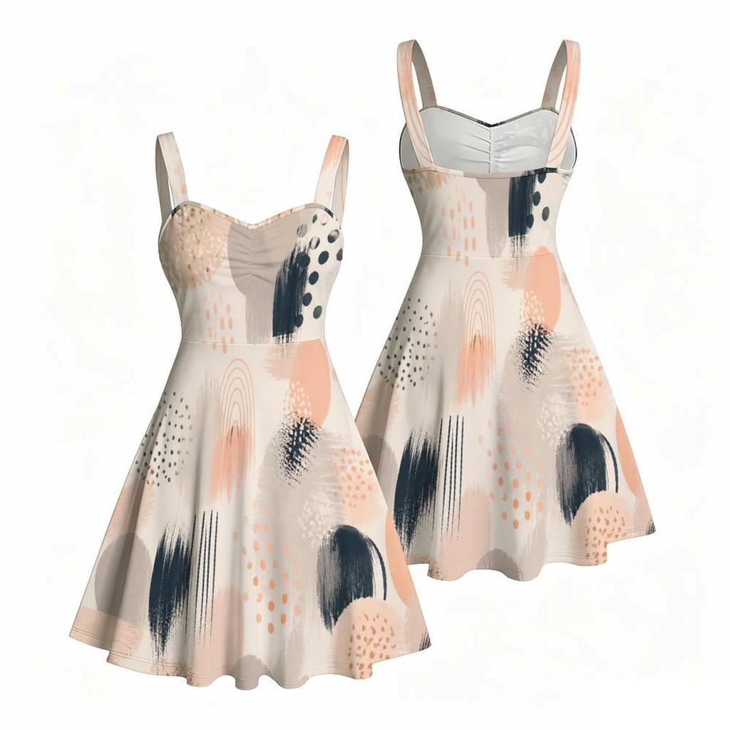 Women Plus Size Strappy Off Shoulder Sleeveless Square Neck Dress Printed Off White Blue Beige Fitted Waist Flared Hem