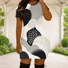 Women Plus Size Round Neck Short Sleeve Black White Printed Fitted Mini Dress