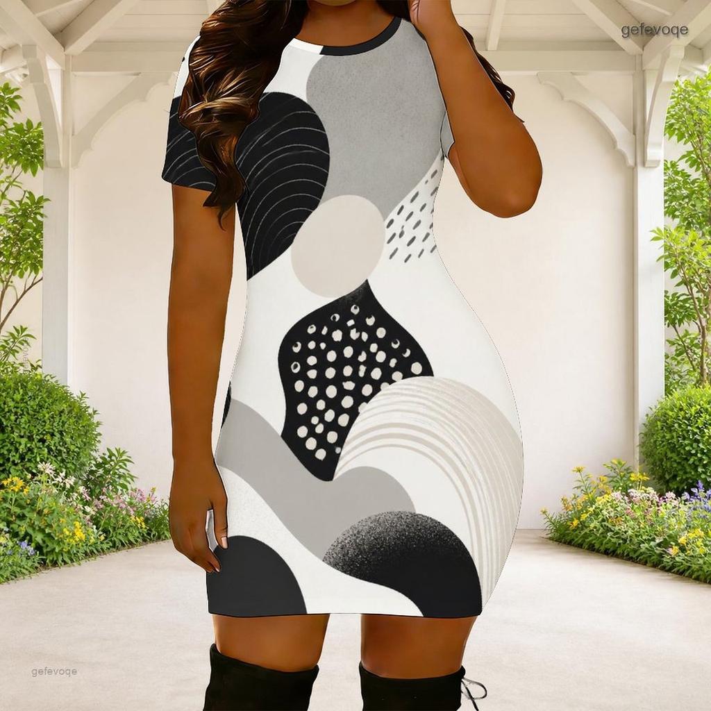 Women Plus Size Round Neck Short Sleeve Black White Printed Fitted Mini Dress