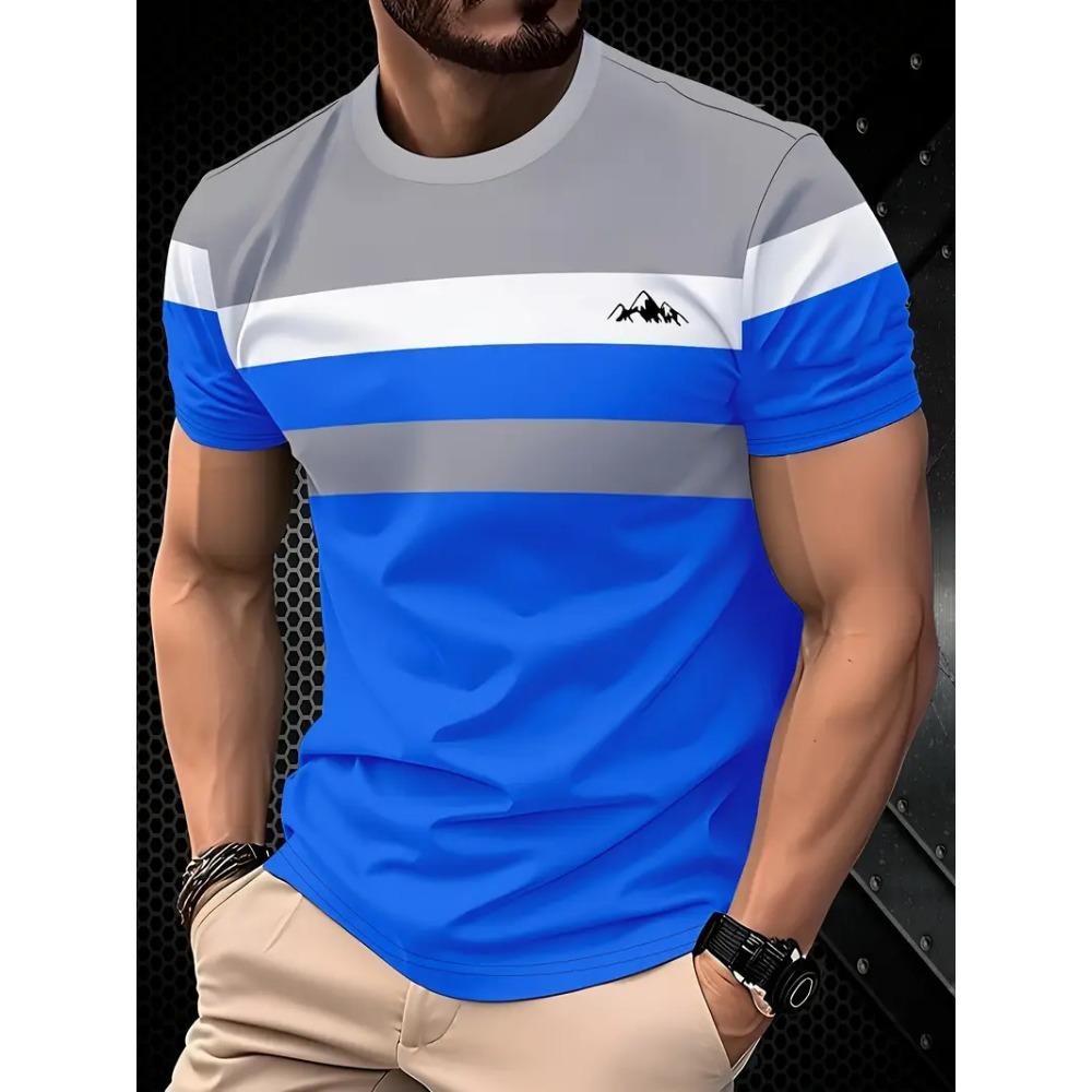 Men's Creative Color blocked 3D Mountain Printed T-shirt Summer Street Trend Sports Round Neck Short Sleeve T-shirt Casual Sportswear