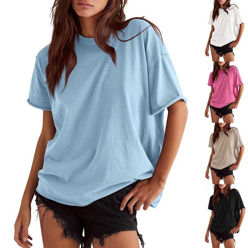 Summer Loose and Casual Cotton Solid Color Round Neck Short-sleeved Raw Edge T-shirt