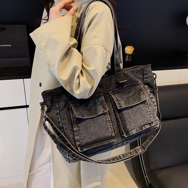 Denim Tote Bag for Women – Vintage Bag with Front Pockets & Adjustable Shoulder Strap – Perfect for Casual & Daily Use