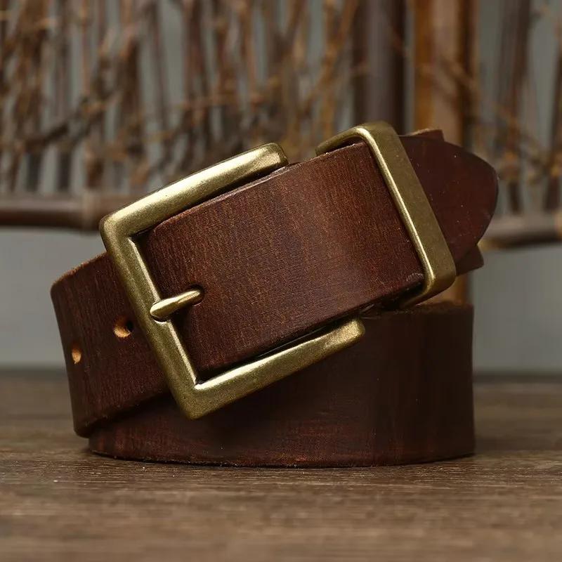 

3.8CM Retro Real Genuine Leather Cowhide Belt Fashion Luxury Men Belt Copper Buckle Strap for Male High 125cm хакі