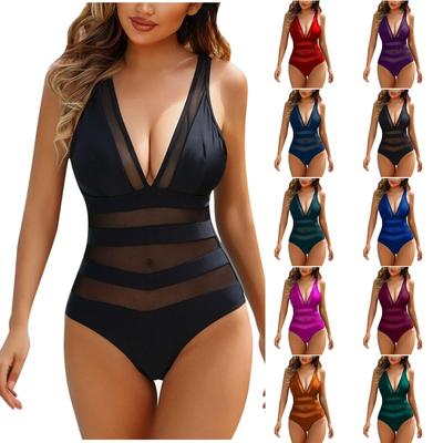 Women's Sexy Solid Color  V Neck Backless  Swimsuit With Bra