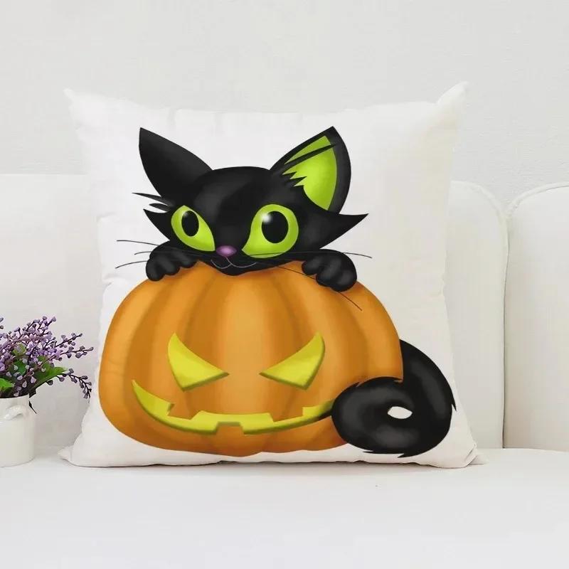 Housse de coussin décorative d'Halloween Chat Citrouille Adaptée pour Maison Salon Canapé Chambre Chambre Housse d'oreiller décorative