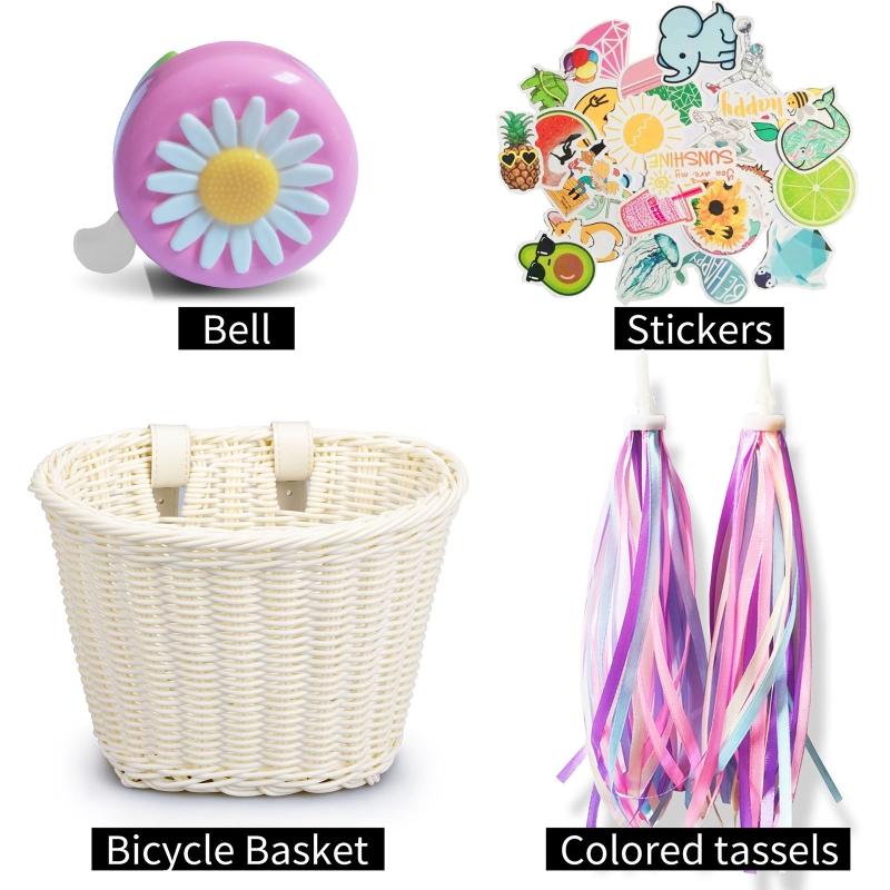 Kids Bike for Banner Set, Bicycle Handlebar Wicker Basket with Colors and Bike Bells and Decals, Boys Girls Bike Decorat