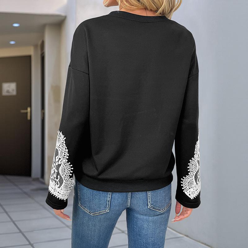 2025 New Autumn and Winter Pullover Tops Women's Lace Splicing Casual Round Neck Sweatshirt