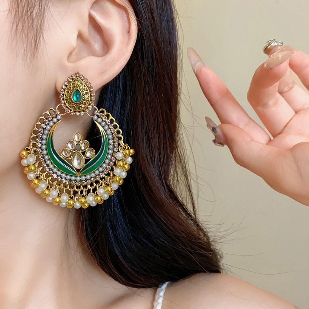 Rhinestone Tassel Water Droplet Earrings Beaded Tassel Exaggerated Tassel Earrings  Women