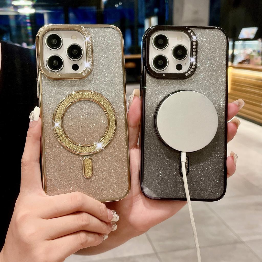 Suitable for IPhone16Pro Electroplated Water Diamond Phone Case, Apple 15 Diamond-encrusted Glitter 14 Magnetic Charging Protective Case