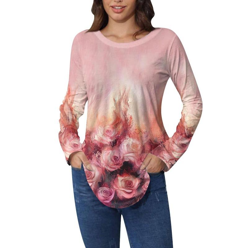 Shirts for Women Cute  Vintage Pattern Print T-Shirt Long Sleeve Tunic Tops Cotton Pullovers T-Shirts Women’s
