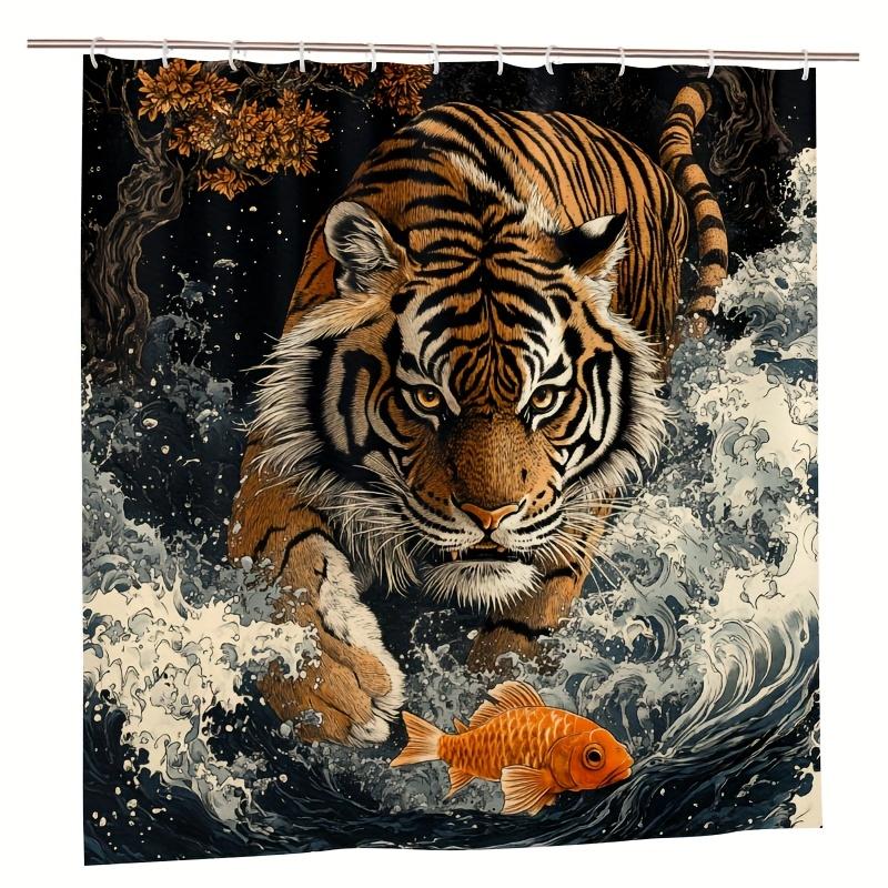 Japanese Shower Curtain Bathroom Decoration Style 1pc Tiger Including Shower Curtain and 12 Plastic Hooks, Bathroom Decoration