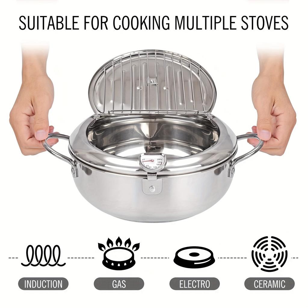 201 Stainless Steel Deep Fryer with Temperature Control and Oil Droplet Filter Rack, Gas Induction Cooker