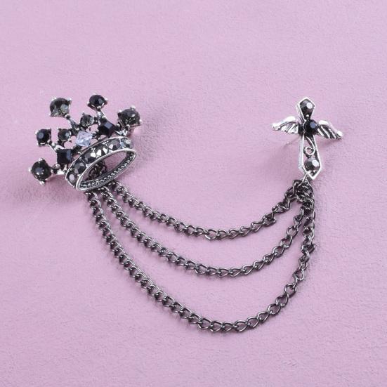Men's Brooch Pin with Chain, British Crown Cross Angel Lapel Pin, Rhinestone Suit Badge with Tassel Chain for Men, Formal Wedding Party Suit Jacket