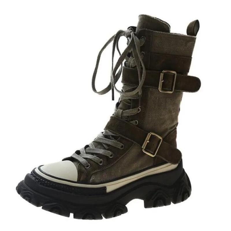 Stivali da Donna con Zeppa Alta Vintage Canvas Tooling Stivali da Cavaliere Alti alla Caviglia Punta Rotonda Suola Muffin Cerniera Laterale Fibbia a Cinturino Stivali