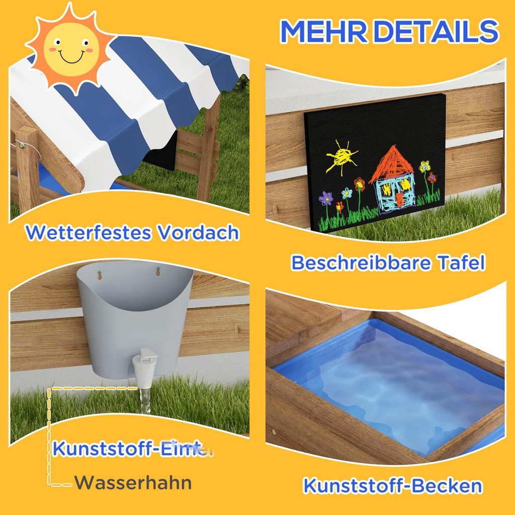 House-Designed Wooden Sandbox, Outdoor Sandpit, with Blackboard, Toys, Sink, Seats, Flags, for Ages 3-7 Years - Brown