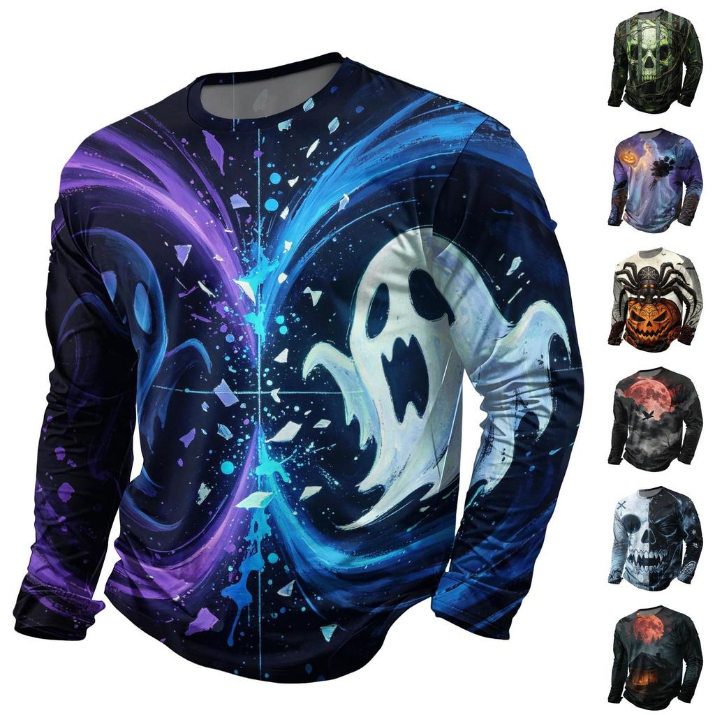 Men's Halloween Print Long Sleeve Neck T-Shirt for Holiday Party