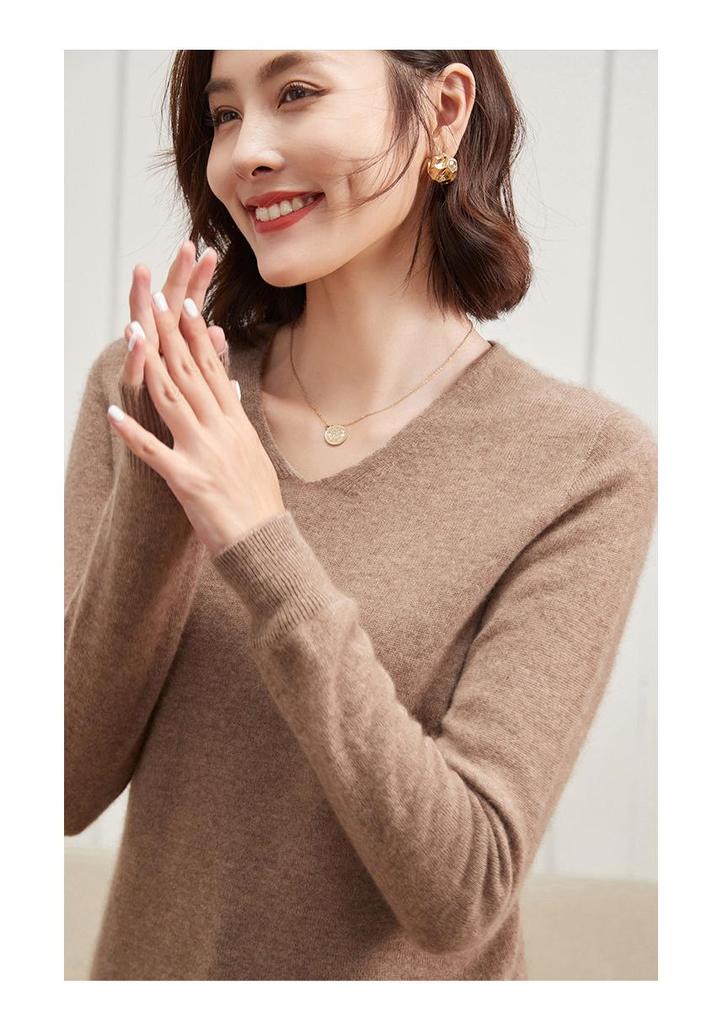 Leka Sha Women's Cashmere V-Neck Sweater, Autumn/Winter Long Sleeve, Slimming Fit, Elegant Wool Base Layer 2026