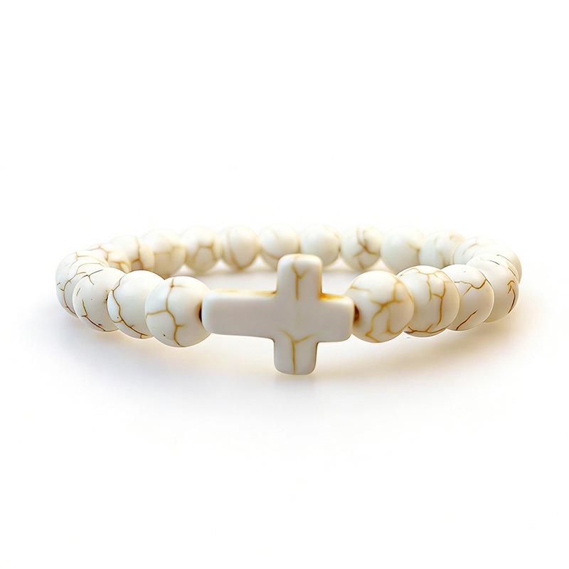 Natural Blue Turquoise & Volcanic Stone Beaded Cross Handmade Bracelet