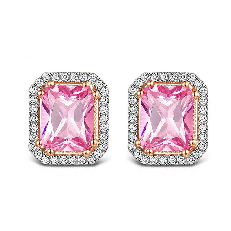 Bright Princess Pink Long Square Diamond Set Chain Electroplating Two-Color Zircon Necklace Earrings Square Diamond Color Treasure Set