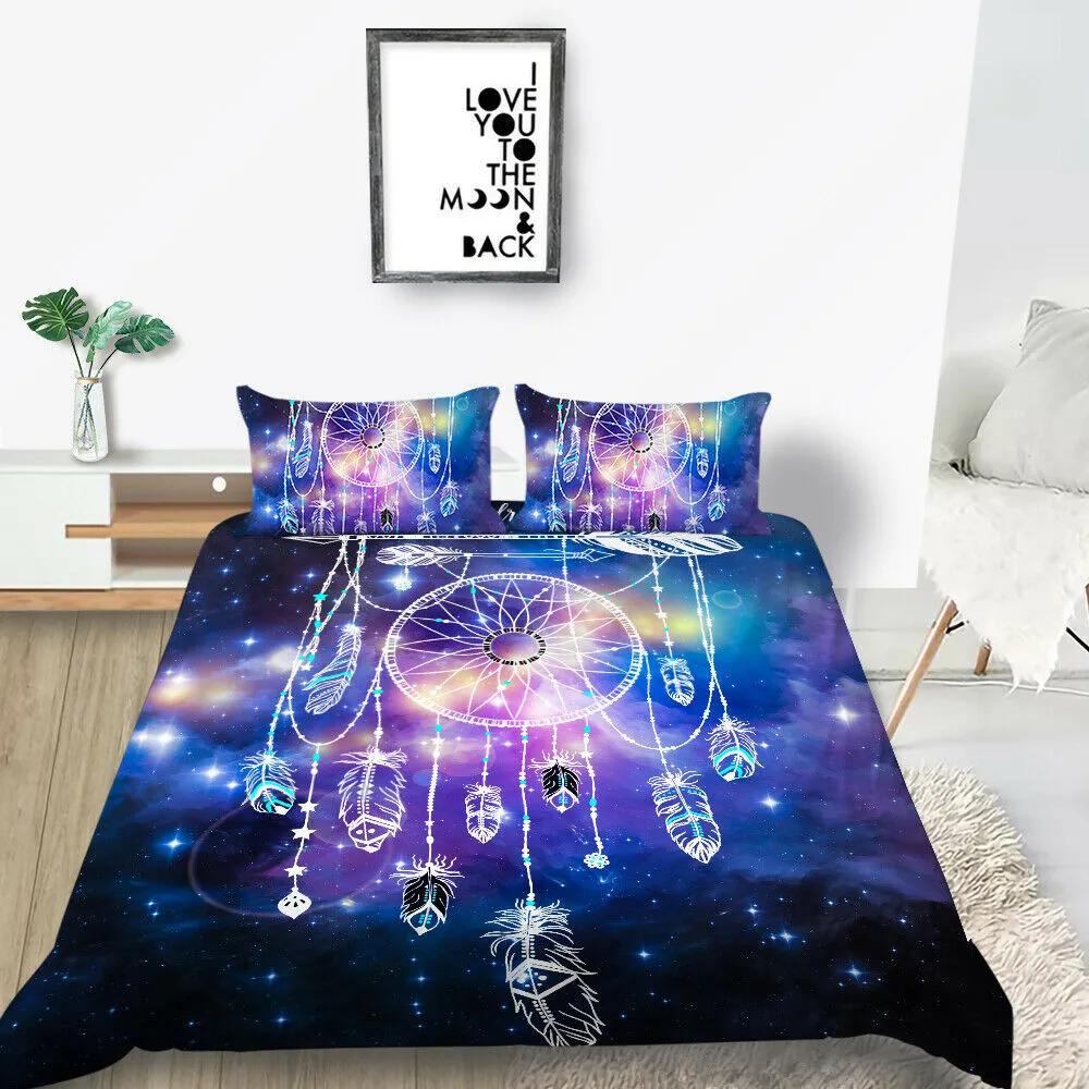 Traumfänger Bettbezug Set Kinder Böhmisch Mandala Boho Chic Feder Bettwäsche Set Doppelgröße Batik Lila Polyester Bettbezug