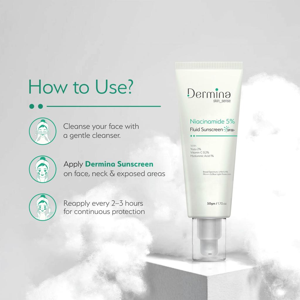 Dermina Niacinamide 5% Fluid Sunscreen SPF 50 PA+++ | Broad Spectrum UVA/UVB & Blue Light Protection | Strengthens Skin Barrier | With Vitamin C &