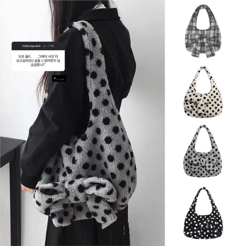Japanese Sweet Cute Bow Tote Bag Women Plush Polka Dot Large Capacity Shoulder Bags Ladies Harajuku Versatile Daily Underarm Bag