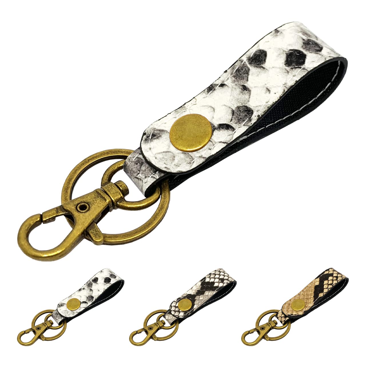 

Leo&Aoi Genuine Leather Key Ring with Diamond and Python Snap Buttons, Belt Style, Key Holder, Bag Charm, Genuine Leather Key Ring, Goat Leather,