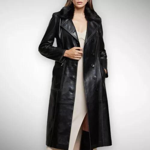 Halloween Stylish Black Women's Formal Party Wear Real Lambskin Leather Trench Coat
