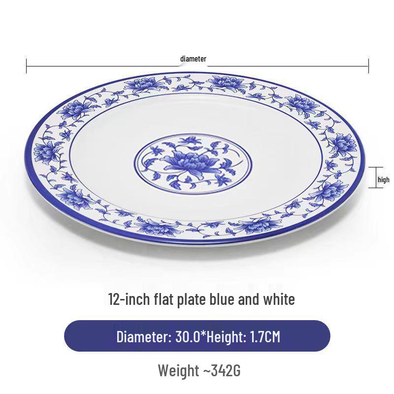 Plato redondo de melamina azul y blanca - Imitación de porcelana gruesa, ideal para salteados, arroz y uso en restaurantes.