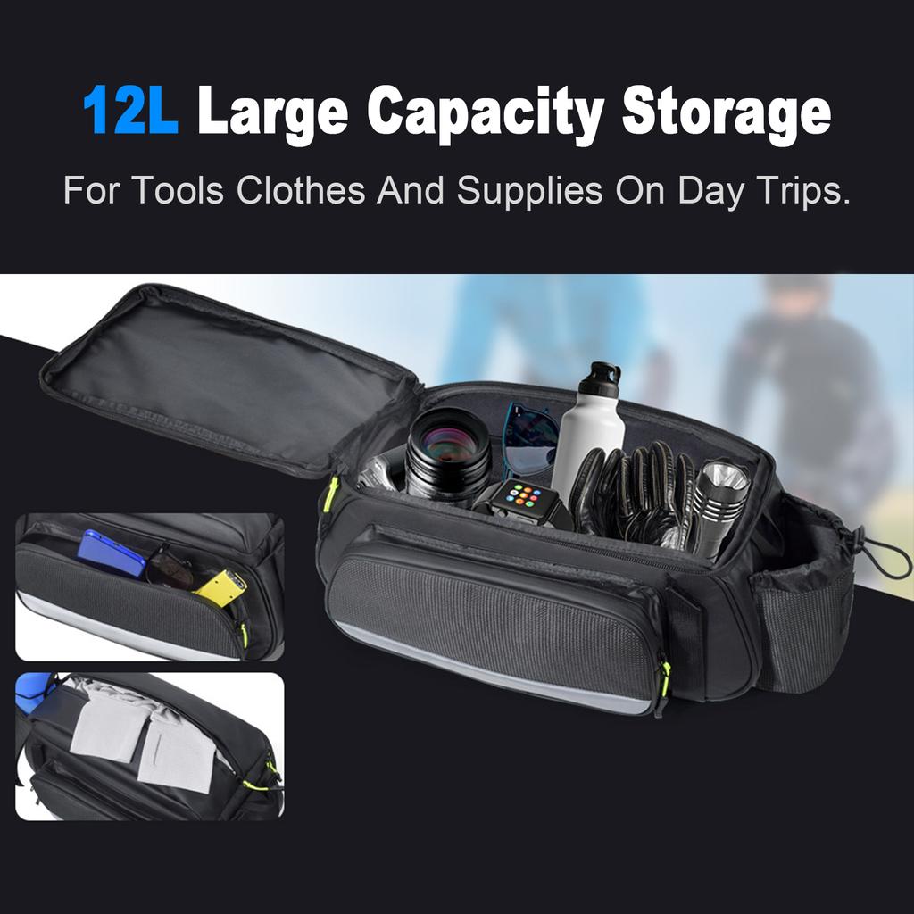 Bike Rack Bag Large Capacity 12L 3 in 1 Rack Shoulder Handbag with All Around Reflective Design for Cycling