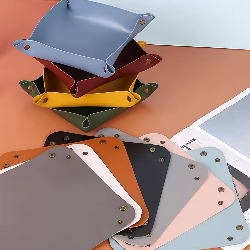 1pc 9.84inX9.84in Leather Storage Box Desktop Storage Tray Jewelry Cosmetic Key Stuff Storage Basket Folding Table Organizer